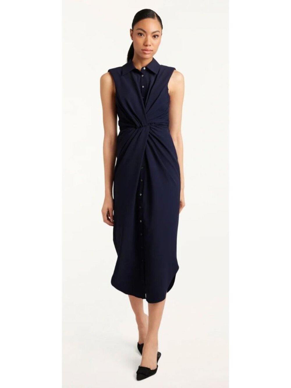 NWT Cinq a Sept Catalina Midi Collared Shirt Dress Navy Blue Size 0 $395 [jb]